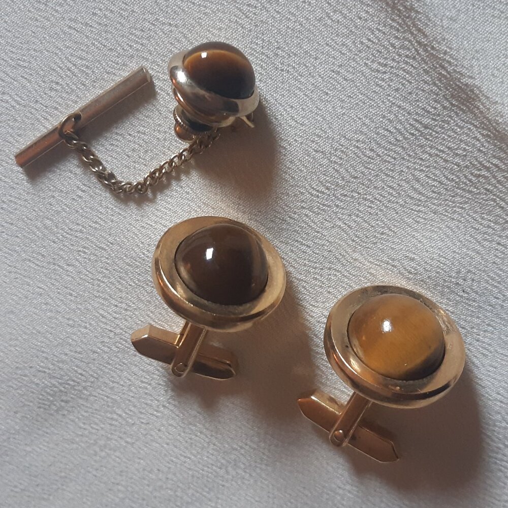 Tiger's Eye Cuff Link & Tie Tack Set Gold Tone Vintage